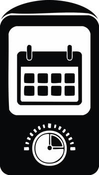 Black and white illustration of a device with a calendar and timer, graphic vector