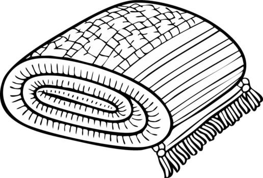 Rolled blanket quilt with patterned texture and fringe line art outline drawing vector