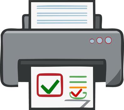 Grey Printer Printing Document with Green and Red Checkmarks Showing Completion of Task vector