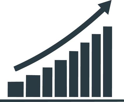 Growing bar chart with an upward arrow icon representing financial success and progress vector