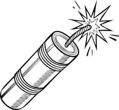 Exploding dynamite stick with a lit fuse and bright sparks in a stylized line drawing vector