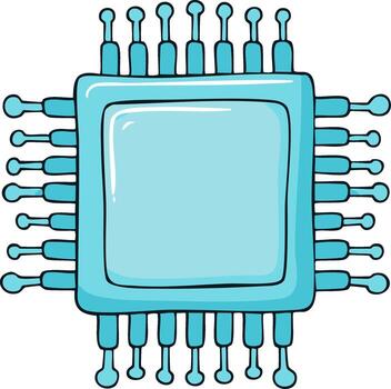 Doodle style illustration of a light blue computer microchip with connection pins and an empty light blue space for text vector