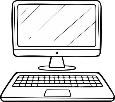 Simple black and white illustration of a computer monitor and keyboard representing technology and digital connection vector