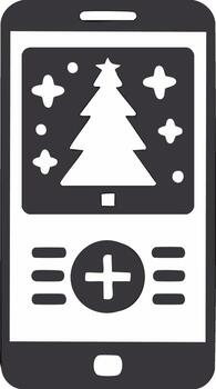Navidad árbol en un móvil teléfono pantalla con festivo decoraciones y un más firmar botón vector