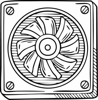 Outline illustration of a computer cooler featuring a fan and four screws in a square frame for heat reduction during gaming vector