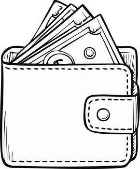 Outline of wallet with paper money and coin inside wealth concept vector