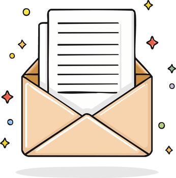 linda dibujos animados ilustración de un abierto sobre con un letra y destellos, representando contento correo o un especial mensaje vector