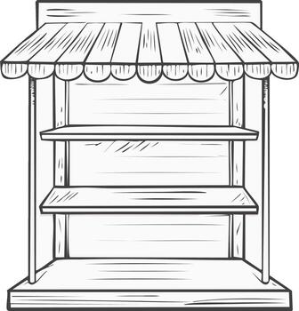 Simple Sketch of an Empty Wooden Stall with Two Shelves and a Striped Awning vector