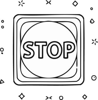 Hand-drawn stop button icon with simple geometric shapes and asterisk decorations vector