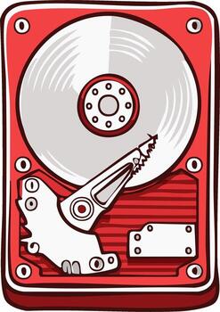 Vivid red computer hard drive illustration with cartoon stylized design for data storage with reading arm and round disk vector