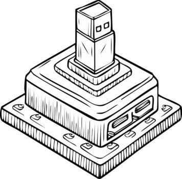 Isometric line drawing of a USB flash drive plugged into a multiport hub adapter vector