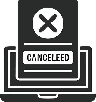 Laptop displays a document with CANCELEED message and cross mark indicating cancellation, symbol of computer program cancellation vector