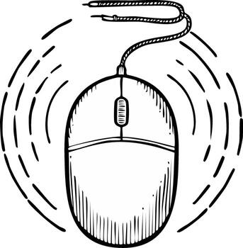 Illustrated computer mouse with radiating lines symbolizing movement and connection vector