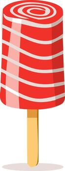 Vibrant Red and White Striped Ice Pop with Swirl Pattern on a Stick vector