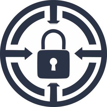 Centralized security icon with a padlock and arrows symbolizing defense and protection vector