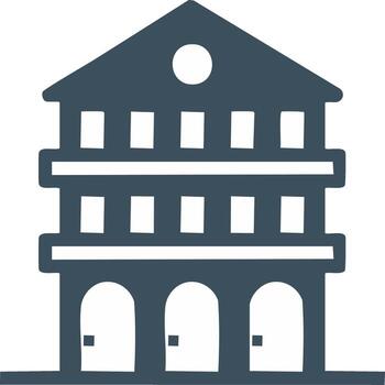 Stylized Three Story Building Icon with Arched Entrance and Circular Window vector