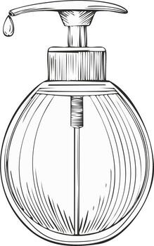 Ink drawing of a liquid soap dispenser with a drop of liquid falling from the nozzle vector