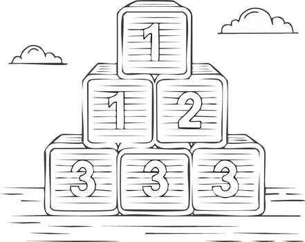 Stack of building blocks with numbers one two and three ascending pile with clouds vector