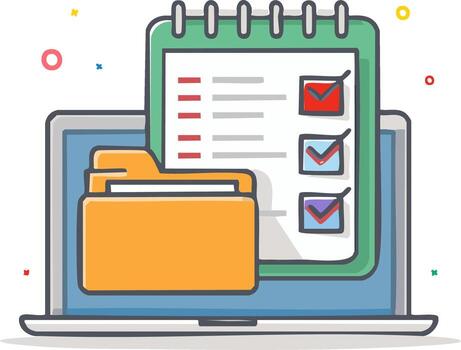 Digital Task Management and File Organization with Laptop and Checklist vector