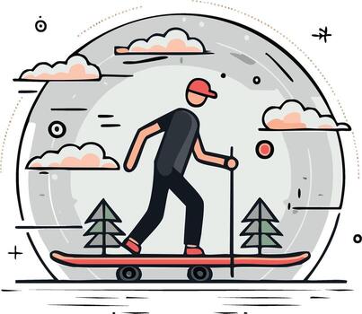 Person with pole on skateboard with trees and clouds in background illustration vector