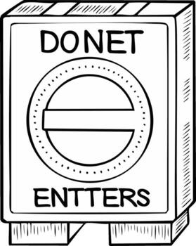 humorístico ilustración de un 'donet entradas firmar con un circular símbolo y lineal patrones vector