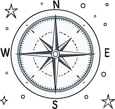Hand drawn compass with star elements for navigation and exploration vector