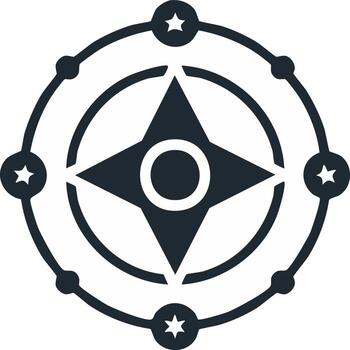 Stylized celestial compass rose icon with orbiting stars and navigation points vector