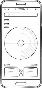 Mobile phone screen sketch with app interface elements and circular graphic vector