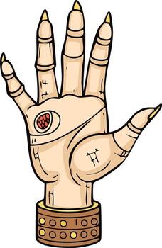 Stylized bionic hand with pointed yellow claws segmented fingers and an ornate cuff an illustrative fantasy design vector