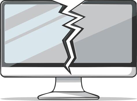 Broken computer monitor screen displaying crack damage to electronic equipment failure and frustration vector