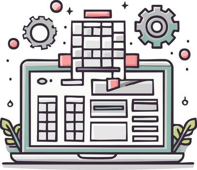 Modern laptop screen displaying data processing dashboard gears and technology illustration vector