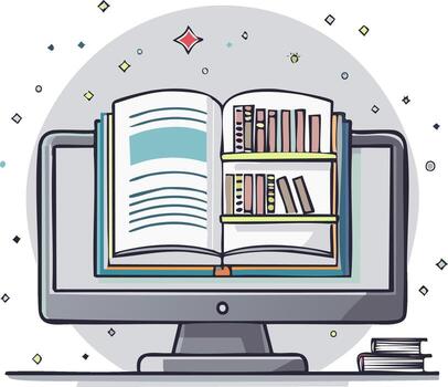 Digital library concept with open book displaying shelves on computer screen vector
