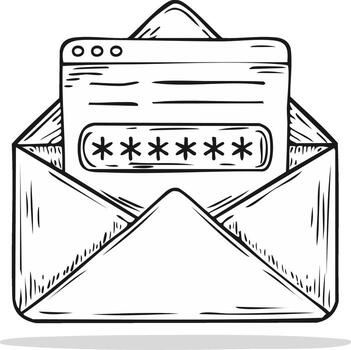 Email with obscured password shown on a computer screen, black and white illustration vector