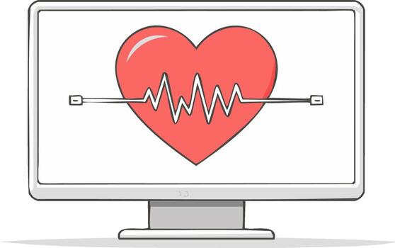 Computer monitor displays a heart with a cardiogram line, representing health monitoring vector