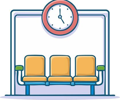 Empty waiting room seats under a large clock in a bus or train station terminal vector