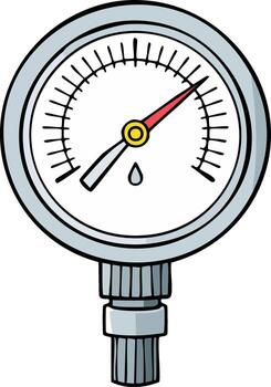 Close-up of a silver pressure gauge with a red needle pointing to a reading and a small drop of liquid vector