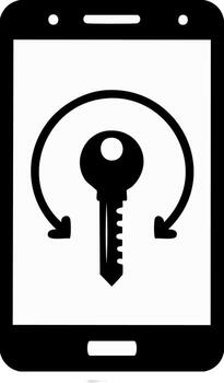 Smartphone displaying a security key symbol with rotating arrows indicating access or authentication vector