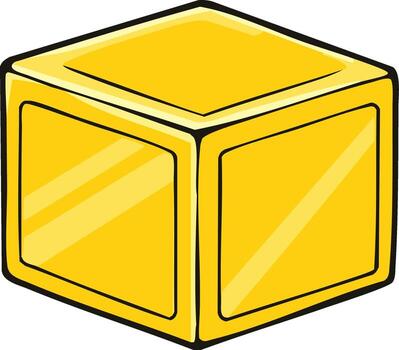 Cartoon styled golden cube illustration, shiny and glossy block with outline vector