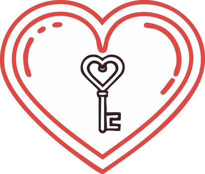 Heart shape with key symbol in red outline, design element for love and relationships concepts vector