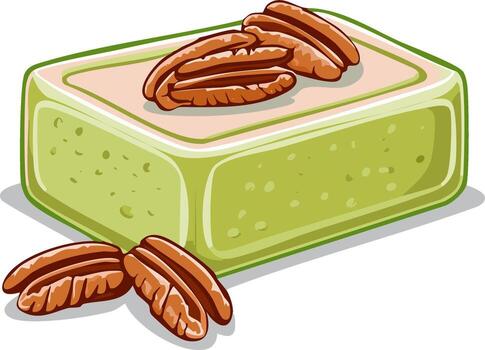 Illustration of a green dessert with pecan nuts on top, and additional pecans vector