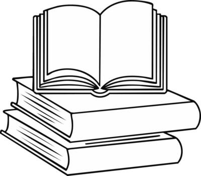 Stack of reading books and an open book on the top, linear design vector