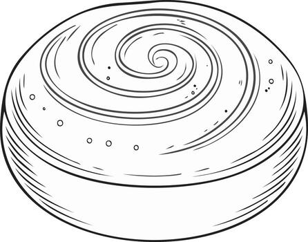 Outline drawing of a delicious cinnamon swirl bun with intricate spiral design topping vector