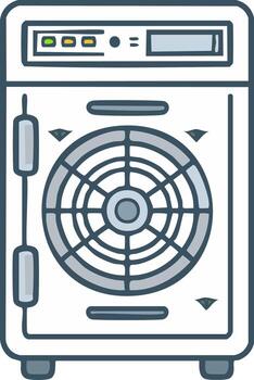 Illustration of a computer server tower with front panel display and large cooling fan vector
