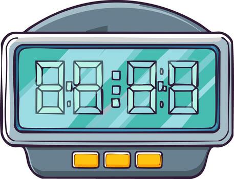 un retro digital alarma reloj con un blanco electrónico monitor en un mano dibujado dibujos animados estilo vector