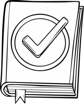 Open book with check mark symbol inside a circle and a ribbon bookmark vector