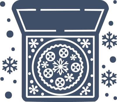 Winter themed pizza box with stylized snowflake and gear patterns in falling snow vector