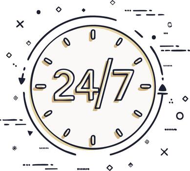 Always open 247 service concept. Hand drawn clock icon illustration for continuous customer support vector