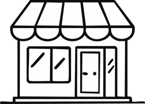 Simple line drawing of a storefront with awning, display window, and double doors vector