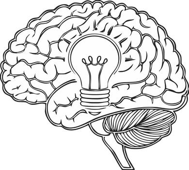 Concept of Innovative Human Brain with Light Bulb Ideas, representing intelligence and creativity. Outline style vector