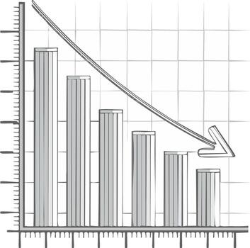 Hand drawn bar graph showing a sharp downward trend with a descending arrow vector